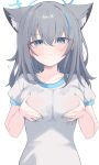  1girl absurdres alternate_breast_size_(larger) animal_ear_fluff animal_ears blue_archive blue_eyes blue_halo blush breasts commentary covered_nipples cross cross_hair_ornament extra_ears grabbing_own_breast grey_hair gym_uniform hair_ornament halo highres inverted_cross large_breasts looking_at_viewer medium_hair nui_(nuinui0300) pout shiroko_(blue_archive) simple_background solo sweat upper_body white_background wolf_ears wolf_girl 