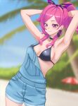  1girl absurdres armpits bikini black_bikini blue_overalls breasts choker cleavage earrings highres jewelry long_hair medium_breasts overall_shorts overalls phase_connect pink_hair ponytail purple_eyes runie_ruse smile snake_earrings solisdevil solo swimsuit virtual_youtuber 