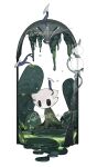  black_eyes black_skin cloak colored_skin commentary_request commission full_body green_cloak greenpath_vessel_(hollow_knight) highres hollow_eyes hollow_knight horned_mask horns looking_back mask plant roier standing 