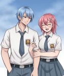  1boy 1girl arm_hug blue_hair blue_necktie blue_pants blue_skirt blue_sky blurry blurry_background breasts closed_eyes closed_mouth cloud collared_shirt commentary_request commission cowboy_shot day double-parted_bangs eiyuu_densetsu english_commentary hair_between_eyes hair_ornament hair_tie hand_in_pocket hand_on_another's_arm happy hetero highres indonesian_commentary juna_crawford kurt_vander light_blush looking_at_another medium_breasts medium_hair mixed-language_commentary necktie open_mouth pants pink_hair pleated_skirt purple_eyes raditya_hito school_emblem school_uniform second-party_source sen_no_kiseki_(series) sen_no_kiseki_iii shirt shirt_tucked_in short_hair short_sleeves skirt sky smile white_shirt x_hair_ornament 