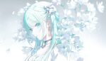  1girl aqua_eyes aqua_hair bloom_festival_(project_sekai) blue_gem breasts choker collarbone colorful_palette dress earrings flower flower_request frilled_choker frills game_asset gem hair_ribbon hatsune_miku highres jewelry limited_palette lips long_hair looking_at_viewer medium_breasts musical_note musical_note_earrings official_alternate_costume official_alternate_hairstyle official_art pale_skin parted_lips petals portrait project_sekai ribbon sideways_glance solo third-party_source twintails vocaloid white_choker white_dress white_flower white_petals white_ribbon white_theme 