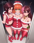  2021 3girls alternate_breast_size_(larger) alternate_costume artist_name bell black_hair breasts brown_hair christmas cleavage cleavage_cutout clothing_cutout commentary crop_top cslucaris curly_hair doorway dress english_commentary fur_trim green_eyes hat heterochromia indoors long_hair looking_at_viewer medium_breasts multicolored_hair multiple_girls neck_bell neopolitan_(rwby) orange_hair penny_polendina pink_hair pov red_socks red_streaks red_thighhighs ruby_rose rwby santa_costume santa_dress santa_hat short_hair signature smile socks split-color_hair streaked_hair thighhighs variant_set_available 