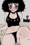  1girl absurdres afro bags_under_eyes black_eyes black_panties black_tank_top blush breasts casato cat clothes_writing commentary curly_hair ellie_(casato) english_commentary highres large_breasts looking_at_viewer navel nervous_smile original panties simple_background smile solo sweat tank_top underwear 