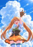  1girl :d ahoge belt blue_sky brown_belt brown_gloves brown_hair cloud commentary_request cowboy_shot cropped_jacket day double-parted_bangs eiyuu_densetsu estelle_bright fingerless_gloves floating_hair gloves hair_between_eyes hair_intakes highres jacket leather leather_belt leather_gloves light_rays long_hair nekosuzuan_22 open_clothes open_hand open_jacket open_mouth orange_skirt outstretched_arm red_eyes short-sleeved_jacket short_sleeves skirt sky smile solo sora_no_kiseki sora_no_kiseki_sc sun_glare thighhighs twintails underbust very_long_hair white_jacket white_thighhighs 