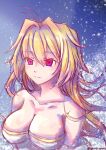  1girl absurdres antenna_hair archetype_earth arcueid_brunestud bare_shoulders blonde_hair blush breasts cleavage collarbone commentary_request detached_sleeves dress expressionless gold_trim hair_between_eyes highres isurugiratone large_breasts light_blush long_hair looking_ahead petals puffy_detached_sleeves puffy_sleeves red_eyes shiny_skin sketch solo tsukihime upper_body white_dress white_petals white_sleeves 