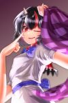  1girl arm_up arrow_(symbol) arrow_print black_hair blue_bow blue_sash bow breasts commentary_request cone_horns dress eyelid_pull gradient_background grey_background grey_horns hand_up highres holding_cloth horns kaisaikaihai kijin_seija looking_at_viewer multicolored_hair nimble_fabric one_eye_closed open_mouth puffy_short_sleeves puffy_sleeves red_eyes red_streaks ribbon-trimmed_bow ribbon-trimmed_sash ribbon_trim sash short_hair short_sleeves simple_background small_breasts small_horns smile solo streaked_hair touhou upper_body white_dress white_streaks 