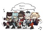  5girls animal_ears arknights bear_ears bear_girl blonde_hair blue_eyes blue_hair blush boots brown_hair candy_hair_ornament dancing food-themed_hair_ornament gummy_(arknights) hair_ornament hat highres istina_(arknights) leto_(arknights) monocle multiple_girls musical_note nasipattaya prisiadki rosa_(arknights) skirt white_hair zima_(arknights) zima_the_raging_tide_(arknights) 
