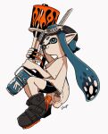  1girl artist_name bike_shorts black_footwear blaster_(splatoon) blue_eyes blue_hair boots bright_pupils can closed_mouth commentary eyewear_on_head flame_print flat_chest from_side full_body goggles hands_up happy highres holding holding_weapon inkling inkling_girl long_hair looking_at_viewer pale_skin pointy_ears shirt shogo_(shogo70449442) short_sleeves signature simple_background sitting smile soda_can solo splatoon_(series) split_mouth suction_cups tentacle_hair tentacles twintails weapon white-framed_eyewear white_background white_pupils white_shirt 