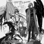  6+boys absurdres angeal_hewley armor bangs belt black_hair black_wings cellphone crisis_core_final_fantasy_vii facing_away feathered_wings final_fantasy final_fantasy_vii flip_phone full_body genesis_rhapsodos greyscale hair_slicked_back hand_on_hip helmet highres holding holding_phone kunsel long_hair long_jacket male_focus medium_hair monochrome multiple_boys open_mouth parted_bangs phone pointing roku_(gansuns) scar scar_on_cheek scar_on_face sephiroth short_hair shoulder_armor sideburns single_wing sketch sleeveless sleeveless_turtleneck smile suspenders turtleneck upper_body white_background wings zack_fair 