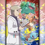  1boy absurdres aqua_eyes artist_name black_eyes book bookmark bright_pupils bulbasaur charmander coat collared_shirt commentary company_name copyright_notice english_commentary fangs fire from_side grey_hair highres holding holding_book holding_poke_ball lab_coat long_sleeves male_focus merchandise_available mismatched_eyebrows nostrils object_in_pocket official_style old old_man open_book open_clothes open_coat open_mouth outline pen pen_in_pocket plant pocket poke_ball poke_ball_(basic) pokemon pokemon_(creature) pokemon_firered_and_leafgreen professor_oak purple_eyes purple_shirt shirt short_hair smile squirtle starter_pokemon_trio thick_eyebrows tom_higgins vines watermark white_coat white_outline white_pupils 