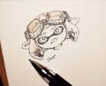  1girl artist_name closed_mouth commentary eyewear_on_head goggles highres inkling inkling_girl looking_at_viewer monochrome pen pen_(medium) photo_(medium) pointy_ears portrait shogo_(shogo70449442) short_hair sidelocks signature simple_background sketch smile solo splatoon_(series) split_mouth straight-on tentacle_hair tentacles traditional_media white_background 