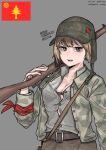  1girl belt blonde_hair breasts brown_eyes buttons camouflage camouflage_jacket collarbone flag gears green_headwear green_shirt gun hammer hat highres holding holding_gun holding_weapon jacket kaiserreich military pzkpfwi red_ribbon ribbon rifle shirt torch tree weapon 