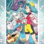 1girl absurdres aqua_eyes aqua_hair artist_name artistic_error backpack bag breasts closed_mouth colored_sclera commentary company_name copyright_notice english_commentary eyelashes fangs feraligatr flareon from_side hat highres holding holding_poke_ball holding_strap jacket kris_(pokemon) long_hair long_sleeves merchandise_available misdreavus official_style open_clothes open_jacket open_mouth orange_eyes outline pink_bag poke_ball poke_ball_(basic) pokegear pokemon pokemon_(creature) pokemon_gold/silver/crystal pokemon_team red_eyes red_shirt shirt shorts smile standing suicune togetic tom_higgins tongue twintails watermark white_jacket white_outline wigglytuff yellow_hat yellow_sclera yellow_shorts 