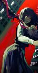  1girl black_dress black_hair black_vest building chainsaw_man commentary_request cross_scar dress glowing_scar hayato_noda highres holding holding_sword holding_weapon long_sleeves looking_to_the_side parted_lips pinafore_dress pleated_skirt red_eyes red_sky ringed_eyes scar scar_on_cheek scar_on_face scar_on_nose shirt skirt sky sleeveless sleeveless_dress suspender_skirt suspenders sword teeth vest weapon white_shirt window_light yoru_(chainsaw_man) 