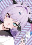  1girl :3 ahoge black_choker black_horns blue_eyes choker closed_mouth commentary_request demon_horns hair_ornament heart heart_hair_ornament heterochromia highres holding holding_removed_eyewear horns jewelry long_hair looking_at_viewer moudoku_denpa_shoujo_purple_lollipop multicolored_hair nail_polish needy_girl_overdose needy_girl_overdose_(anime) official_art ohisashiburi pink_nails portrait purple_eyes purple_hair purple_nails ring second-party_source sideways smile solo spiked_choker spikes striped_background sunglasses unworn_eyewear 