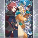  1boy absurdres aerodactyl arm_up artist_name black_cape blue_eyes blue_pants blue_shirt cape charizard closed_mouth commentary company_name copyright_notice dragon dragon_wings dragonair dragonite english_commentary fangs fire flame-tipped_tail from_side green_eyes gyarados head_wings highres holding holding_poke_ball horns kingdra lance_(pokemon) long_sleeves looking_ahead lower_teeth_only male_focus mega_stone merchandise_available nostrils official_style open_mouth outline pants pillarboxed poke_ball pokemon pokemon_(creature) pokemon_heartgold_and_soulsilver pokemon_team red_cape red_eyes red_hair repeat_ball sharp_teeth shirt short_hair single_horn smile spiked_hair standing tail teeth tom_higgins tongue twitter_username two-sided_cape two-sided_fabric two-tone_cape upper_teeth_only variant_set watermark white_outline wings 