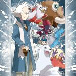  1boy 1girl absurdres artist_name black_eyes blonde_hair blue_coat bright_pupils brown_eyes cane claws closed_mouth coat commentary company_name copyright_notice curtains delibird dewgong dress english_commentary fang fangs fingernails from_side great_ball highres holding holding_cane holding_poke_ball horns ice_type_theme_(pokemon) jynx lapras lips long_hair long_sleeves male_focus mamoswine merchandise_available nostrils official_style old old_man open_mouth outline pink_lips poke_ball pokemon pokemon_(creature) pokemon_heartgold_and_soulsilver pokemon_team pryce_(pokemon) red_dress red_eyes scarf short_hair single_horn smile tom_higgins watermark weavile white_hair white_outline white_pupils white_scarf 