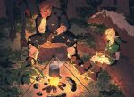  2boys black_shirt blonde_hair boots bowl brown_boots brown_gloves campfire chewing commentary_request covered_pectorals eating epona fingerless_gloves ganondorf gloves green_hat green_tunic hat holding holding_bowl holding_bread horse link male_focus multiple_boys night outdoors pectorals rani_grb red_hair shirt short_hair sitting the_legend_of_zelda the_legend_of_zelda:_ocarina_of_time tunic 