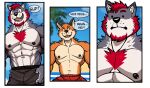  2023 abs absurd_res anthro barazoku beach beard biceps big_muscles big_pecs body_hair canid canine canis chest_hair claws clothed clothing comic darknaigart day dialogue dot_eyes duo english_text eyebrows facial_hair fox fur hair hi_res huge_muscles humor male mammal multiple_scenes muscular muscular_anthro muscular_male navel nipple_piercing nipples obliques open_mouth open_smile outside palm_tree pecs piercing plant seaside size_difference sky smile swimming_trunks swimwear teeth text three_frame_image tongue topless topless_anthro topless_male tree tuft wolf 