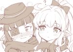  2girls ? @_@ bangs blunt_bangs blush bow commentary eyepatch granblue_fantasy greyscale hair_bow harvin hat jingai_modoki long_hair lunalu_(granblue_fantasy) melissabelle monochrome multiple_girls pointy_ears ponytail portrait scarf shared_clothes shared_scarf sketch sweat sweating_profusely wavy_mouth 