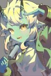  1girl absurdres akya0102 arm_up blue_eyes blue_horns blue_oni blue_skin colored_skin commentary food food_in_mouth grey_background hair_between_horns highres holding holding_food holding_popsicle horns jacket looking_at_viewer multicolored_horns necktie oni open_clothes open_mouth pointy_ears popsicle popsicle_in_mouth shirt short_hair sidelocks simple_background skin-covered_horns solo soukaku_(zenless_zone_zero) teeth two-tone_horns untranslatable_commentary upper_body white_hair white_shirt zenless_zone_zero 
