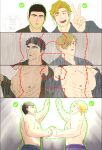  2boys abs ao_isami bara black_hair blonde_hair blue_eyes commentary_request highres holding_hands large_pectorals lewd_security_verification lewis_smith lllitr123 male_focus multiple_boys muscular muscular_male nipples pectorals rain short_hair v yuuki_bakuhatsu_bang_bravern 