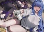  2girls arcana_(nikke) bag_of_chips bare_shoulders beer_can black-framed_eyewear black_dress black_hair black_shorts blue_eyes blue_hair blush breasts can chips_(food) cleavage colored_inner_hair commentary dress drink_can drunk food glasses goddess_of_victory:_nikke hair_over_one_eye highres holding holding_can huge_breasts label_(nikke) large_breasts long_hair long_sleeves looking_at_viewer lying mole mole_on_breast multicolored_hair multiple_girls open_mouth pale_skin potato_chips purple_hair sandals shirt shorts small_chair_(xiaosaiyi33818) smile taut_clothes taut_dress two-tone_hair very_long_hair white_shirt 