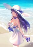  1girl bare_shoulders beach breasts cleavage commentary_request dress gotointhepark hat highres holding holding_umbrella honkai_(series) honkai_impact_3rd large_breasts long_hair looking_at_viewer official_alternate_costume purple_eyes purple_hair raiden_mei raiden_mei_(aeterna_purum) raiden_mei_(valkyrie_bladestrike) smile solo sun_hat sundress umbrella very_long_hair white_dress white_hat 