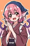  1girl :d animal_ears bird_ears bird_wings black_sash blue_headscarf blush bow brown_eyes brown_kimono chirisazame1 commentary_request dot_nose eyelashes hair_between_eyes hands_up headscarf heart highres japanese_clothes kimono looking_at_viewer mystia_lorelei obi obiage obijime okamisty open_mouth orange_background outline own_hands_clasped own_hands_together pink_hair sash short_hair simple_background smile solo split_mouth tasuki teeth touhou touhou_mystia's_izakaya upper_body upper_teeth_only white_bow white_outline wings 