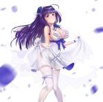  1girl blush braid breasts choker cleavage closed_mouth commentary_request dress elbow_gloves flower flower_choker gloves gotointhepark hair_flower hair_ornament highres honkai_(series) honkai_impact_3rd large_breasts long_hair photoshop_(medium) purple_eyes purple_hair raiden_mei raiden_mei_(aeterna_purum) raiden_mei_(valkyrie_bladestrike) side_braid single_braid thighhighs very_long_hair wedding_dress white_choker white_dress white_thighhighs 