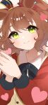  1girl absurdres animal_ears aston_machan_(flare)_(umamusume) aston_machan_(umamusume) black_bow black_bowtie blush bow bowtie breasts brown_hair closed_mouth commentary_request crown green_eyes hair_ornament hair_scrunchie heart highres horse_ears horse_girl kurumiya_(krmy_p) long_sleeves looking_at_viewer mini_crown nail_polish red_nails red_sash red_scrunchie red_sleeves sash scrunchie shirt shoulder_sash smile solo tilted_headwear umamusume white_shirt 