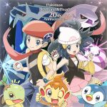 1boy 1girl 5others anniversary chimchar commentary_request dawn_(pokemon) dialga grey_eyes hat highres holding holding_poke_ball looking_at_viewer lucas_(pokemon) multiple_others palkia piplup poke_ball pokemon pokemon_(creature) pokemon_diamond/pearl/platinum red_hat runachikku sleeveless turtwig white_hat 