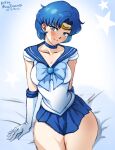  1girl artist_name back_bow bangs bishoujo_senshi_sailor_moon blue_bow blue_bowtie blue_choker blue_eyes blue_hair blue_sailor_collar blue_skirt blush bow bowtie breasts brooch choker collarbone dated earrings elbow_gloves gloves gradient_background inner_senshi jewelry leotard lips looking_at_viewer medium_breasts mina_cream miniskirt mizuno_ami on_bed pleated_skirt sailor_collar sailor_mercury sailor_senshi sailor_senshi_uniform shirt short_hair short_sleeves sitting skirt solo starry_background stud_earrings swept_bangs white_background white_gloves white_leotard white_shirt 