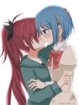  2girls blue_eyes blue_hair blush bow bowtie commentary_request ff_1126117 green_hoodie grey_shirt hair_ornament hairclip hand_on_another's_arm hand_on_another's_head hood hoodie jewelry juliet_sleeves kiss long_hair long_sleeves mahou_shoujo_madoka_magica mahou_shoujo_madoka_magica_(anime) miki_sayaka mitakihara_school_uniform multiple_girls ponytail puffy_sleeves red_bow red_bowtie red_hair ring sakura_kyoko school_uniform shirt short_hair simple_background twitter_username upper_body white_background yuri 