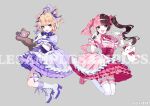  2girls :d arm_up blonde_hair blue_eyes boots bow bowtie breasts brown_hair cleavage commentary confetti copyright_name copyright_notice corset dress fangs frilled_dress frilled_thigh_strap frilled_wristband frills full_body green_eyes grey_background hair_ribbon hand_up highres holding holding_microphone idol_clothes jumping knee_boots kurumi_noah layered_dress medium_hair microphone multiple_girls nail_polish official_alternate_costume official_art open_hand open_mouth pink_bow pink_bowtie pink_corset pink_hair pink_nails pink_ribbon pink_shoes puffy_short_sleeves puffy_sleeves purple_boots purple_bow purple_bowtie purple_corset purple_dress purple_hair purple_nails purple_ribbon reniirean ribbon sample_watermark shoes short_sleeves simple_background singing smile stuffed_animal stuffed_rabbit stuffed_toy tachibana_hinano teddy_bear teeth thigh_strap thighhighs twintails two_side_up upper_teeth_only v-shaped_eyebrows virtual_youtuber vspo! watermark white_thighhighs 