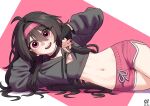  1girl absurdres ahoge black_hair black_hoodie black_sports_bra character_request commentary_request commission copyright_request cropped_hoodie dated freckles hairband highres hood hoodie korean_commentary long_hair looking_at_viewer midriff nail_polish navel open_mouth pink_eyes pink_hairband pink_nails pink_shorts seoli shorts signature solo sports_bra teeth upper_teeth_only 