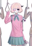  1girl absurdres backpack bag blonde_hair collared_shirt colored_eyepatch commentary cowboy_shot eyepatch green_eyes green_skirt hair_ornament highres holding holding_rope holding_stuffed_toy icn12san long_sleeves people pink_sweater pleated_skirt rope ruru_(shinsei_kamattechan) school_bag shinsei_kamattechan shirt short_hair simple_background skirt stuffed_toy sweater untranslatable_commentary white_background white_shirt 