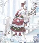  1girl 63suke artist_name bell blurry blurry_background blush boots box breath capelet christmas christmas_ornaments commentary_request dress frilled_dress frills full-body_tattoo fur-trimmed_capelet fur-trimmed_headwear fur_trim gift gift_box green_dress green_eyes green_scarf hair_ornament hairclip hat horn_ornament horn_ribbon horns long_sleeves mittens neck_bell neck_ribbon open_mouth original outdoors pom_pom_(clothes) quilted_capelet red_dress red_mittens red_ribbon red_thighhighs reindeer ribbon sack santa_costume santa_dress santa_hat scarf sled snow solo tattoo thighhighs tree two-tone_dress watermark white_boots white_hair winter winter_clothes 