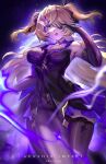 1girl absurdres blonde_hair bodystocking bow bowtie breasts chuunibyou copyright_name electricity eye_trail eyepatch fischl_(genshin_impact) fishnet_top fishnets genshin_impact green_eyes highres imorx3 light_trail long_hair looking_at_viewer medium_breasts open_mouth purple_bow purple_bowtie purple_theme single_leg_pantyhose single_thighhigh solo thick_thighs thighhighs thighs two_side_up 