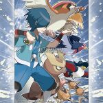  1boy absurdres aqua_jacket artist_name bird blue_hair blue_kimono closed_mouth commentary company_name copyright_notice dodrio english_commentary fearow flannery_(pokemon) flying flying_type_theme_(pokemon) from_side highres holding holding_poke_ball honchkrow jacket japanese_clothes kimono legs_apart male_focus merchandise_available multiple_heads nest_ball noctowl official_style open_clothes open_jacket open_mouth outline pidgeot poke_ball pokemon pokemon_(creature) pokemon_heartgold_and_soulsilver pokemon_team red_eyes short_hair short_sleeves standing swellow tom_higgins tongue watermark white_outline 