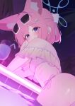  1girl absurdres animal_ear_fluff animal_ears ass bikini blue_archive blue_eyes blue_halo blush bow breasts commentary eyewear_on_head fox_ears fox_girl from_behind hair_bow halo highres looking_at_viewer looking_back narumiru niko_(blue_archive) niko_(c108_swimsuit)_(blue_archive) off-shoulder_bikini off_shoulder official_alternate_costume orange_bikini pink_bikini pink_hair poolside short_hair small_breasts smile solo swimsuit tropical_drink 