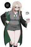  1boy 1girl aroused black_choker black_cloak black_socks blonde_hair blush breasts choker cloak collared_shirt commentary condom condom_wrapper curtained_hair diagonal-striped_clothes diagonal-striped_necktie draco_malfoy draco_malfoy_(redteneri) earrings edizak23 english_commentary english_text flying_sweatdrops genderswap genderswap_(mtf) glasses green_eyes green_necktie green_robe grey_skirt grey_sweater hand_on_own_hip harry_potter harry_potter_(series) heavy_breathing highres hogwarts_school_uniform holding holding_condom hoop_earrings jewelry large_breasts long_hair long_sleeves necktie pleated_skirt pussy_juice pussy_juice_drip robe school_uniform sex_invitation shirt simple_background skirt slytherin socks solo solo_focus speech_bubble striped_clothes striped_necktie sweat sweater two-sided_fabric two-sided_robe two-tone_robe white_background white_shirt wizarding_world 