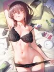 1girl absurdres arm_up ass_visible_through_thighs black_bra black_panties bra breasts can cellphone charger cigarette_butt cleavage commentary_request condom condom_box condom_wrapper egg_vibrator electrical_outlet head_on_pillow highres large_breasts lighter lying navel noshiro_tomoya on_back on_bed original panties phone pillow sex_toy smartphone smoking solo stomach strap_slip thighs tissue_box underwear used_tissue variant_set vibrator 