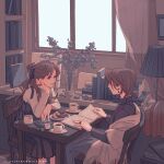  2girls black_dress black_ribbon black_sweater book bookshelf brown_hair brown_shawl candle chair commentary_request cup curtains dated_commentary dress elbow_rest eye_contact food grey_pants hair_ribbon half_updo hand_on_own_cheek hand_on_own_face hand_rest highres indoors jewelry lamp limited_palette living_room long_hair long_sleeves looking_at_another maybe_kizuna multiple_girls multiple_rings on_chair open_book original pants parted_lips pile_of_books plate pleated_dress ribbon ring shawl shelf short_hair sitting smile sweater table teacup turtleneck turtleneck_sweater vase white_sweater window 