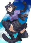  1girl animal_ears animal_print belt black_bow black_bowtie black_gloves black_hair black_jaguar_(kemono_friends) black_skirt black_thighhighs blue_eyes bow bowtie center_frills clenched_teeth cloud commentary elbow_gloves extra_ears frilled_skirt frills full_body fur_collar gloves grey_eyes high-waist_skirt highres jaguar_ears jaguar_tail jumping kemono_friends leopard_print looking_at_viewer midair miniskirt pleated_skirt print_gloves print_skirt print_thighhighs purple_shirt scarf shirt shoes short_hair short_sleeves skirt sky smile solo tail tanabe_(fueisei) teeth thighhighs zettai_ryouiki 