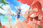  3girls ahoge beach bikini black_bikini blue_eyes blue_hair braid breasts commentary_request crossed_legs dress elf eris_greyrat eris_greyrat_(adult) food food_in_mouth hezi_(measukivov) highres holding holding_food holding_popsicle long_hair long_pointy_ears looking_at_viewer medium_breasts multiple_girls mushoku_tensei navel ocean outdoors parasol pointy_ears popsicle popsicle_in_mouth red_eyes red_hair roxy_migurdia sand school_swimsuit sitting swimsuit sylphiette_(mushoku_tensei) tube twin_braids umbrella water white_dress white_hair 