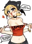  1girl :d bare_shoulders black_choker black_hat blonde_hair blush bracelet breasts camisole camisole_pull choker cleavage clothes_pull clothes_writing collarbone commentary ear_piercing english_text fangs hat hat_ornament hat_with_ears heart highres holding_strap jewelry justadrian_(yoadriandk) looking_at_viewer medium_breasts midriff navel nose_blush open_mouth original paid_reward_available piercing pointy_ears pulling_own_clothes red_camisole scarlett_(justadrian) short_hair simple_background skull_hat_ornament smile solo speech_bubble untranslatable_commentary upper_body white_background 