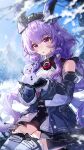  1girl absurdres arknights arknights:_endfield bare_shoulders black_gloves black_hairband black_horns black_ribbon black_thighhighs commentary cowboy_shot detached_sleeves gloves hair_ribbon hairband hakuto_kinkinko highres holding_snowman horns long_hair long_sleeves multicolored_thighhighs outdoors parted_lips pink_eyes purple_hair ribbon snow solo thighhighs two-tone_thighhighs typhoeus_(arknights) typhon_(arknights) white_thighhighs 
