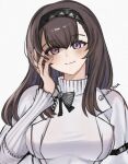  1girl arknights black_hairband blush bow breasts brown_hair closed_mouth commentary grey_bow hairband hand_in_own_hair hand_on_own_face highres jacket lapels long_hair long_sleeves looking_at_viewer medium_breasts mismatched_pupils nishaprta open_clothes open_jacket priestess_(arknights) purple_eyes simple_background smile solo sweater turtleneck turtleneck_sweater twitter_username upper_body watermark white_background white_jacket white_sweater 