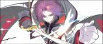  absurdres arms_up black_shirt cape chitos clenched_hand closed_mouth coat commentary curtained_hair gloves highres holding holding_sword holding_weapon hood hooded_cape julius_juukulius long_sleeves parted_hair purple_hair re:zero_kara_hajimeru_isekai_seikatsu red_cape shirt short_hair simple_background smile sword two-sided_cape two-sided_fabric upper_body weapon white_background white_cape white_coat white_gloves yellow_eyes 